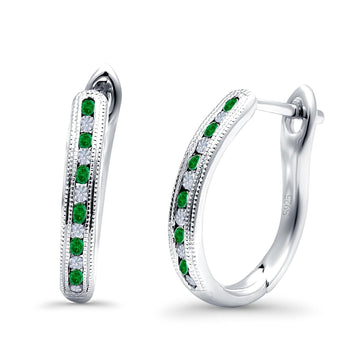 Half Eternity Hoop Earrings Round Simulated Green Emerald Cubic Zirconia 925 Sterling Silver (14mm)